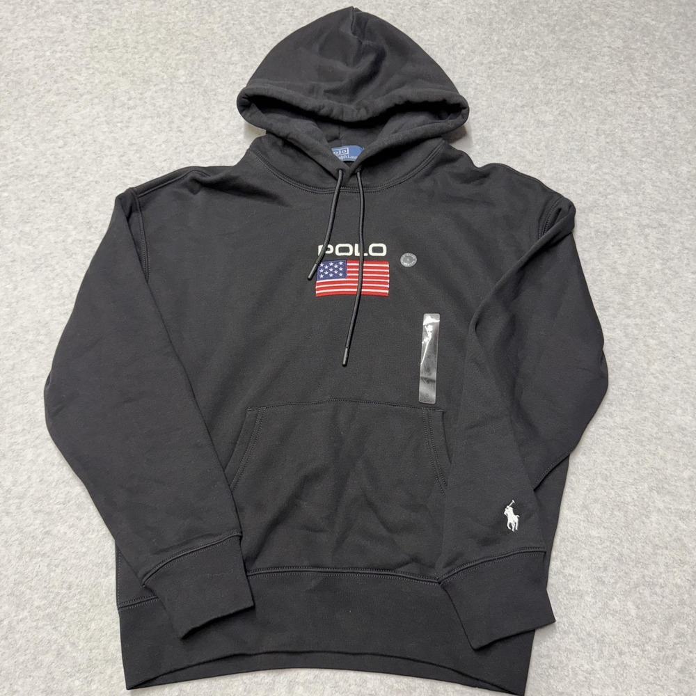 Polo Ralph Lauren Hoodie Mens Small Black Fleece USA Flag Graphic Pullover